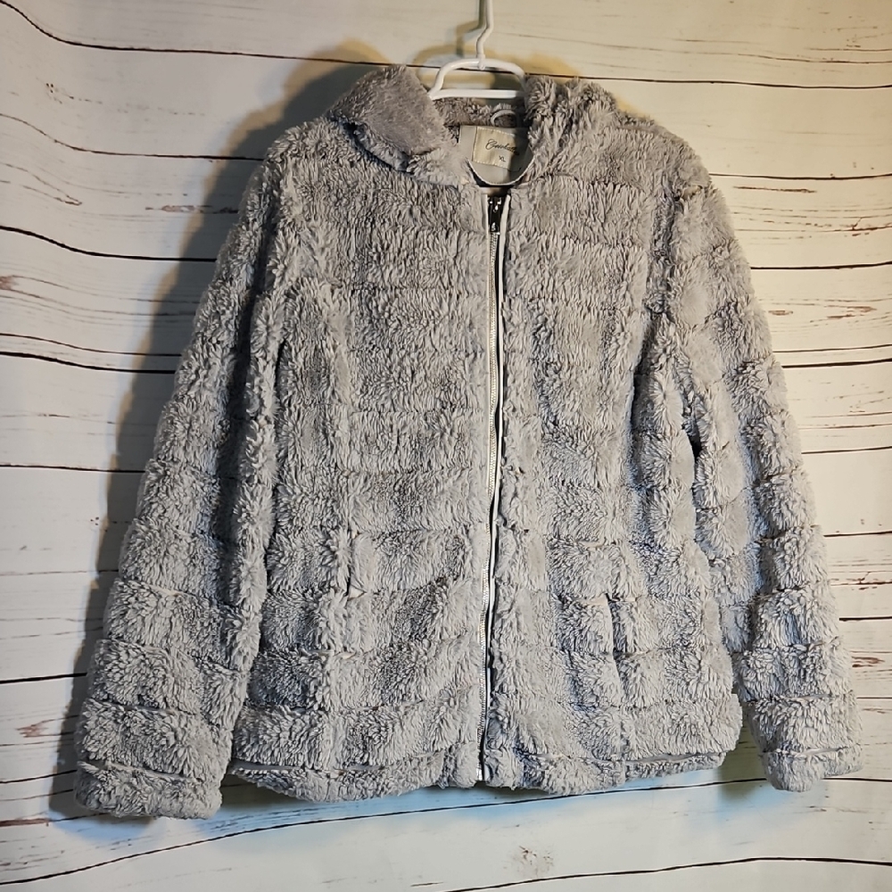 Geschallino‎ Fuzzy Faux Fur Hooded Jacket, Gray Full Zip Warm Cozy,XL